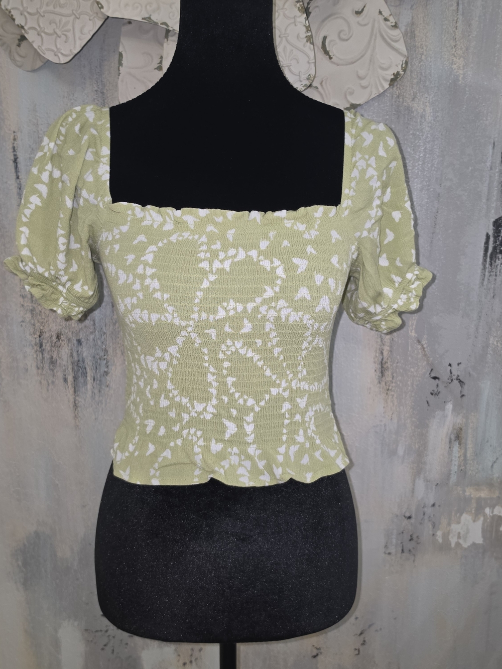SO Light Green Smocked Square-Neck Crop Top with White Print